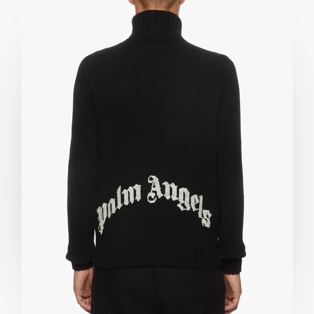Palm Angels Curved Logo Wool Blend Black Turtleneck Sweater - L
